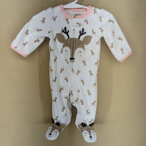 Infant Girl's 0-3 Month Carter's Soft Fleece Deer Print One Piece Footed Sleeper